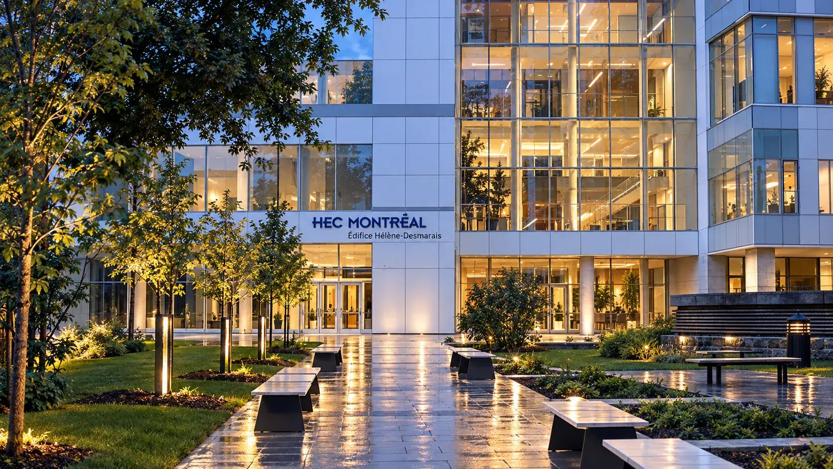 HEC Montréal au crépuscule — illustration IA
